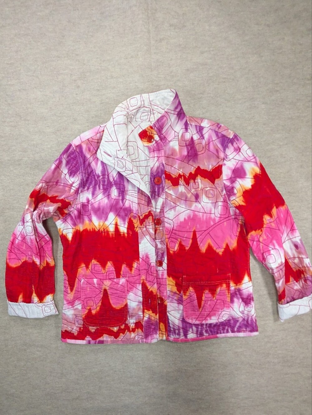 Reversible Tie Dye Pink Red White Short Coat Buttoned Jacket Embroidered Artsy L